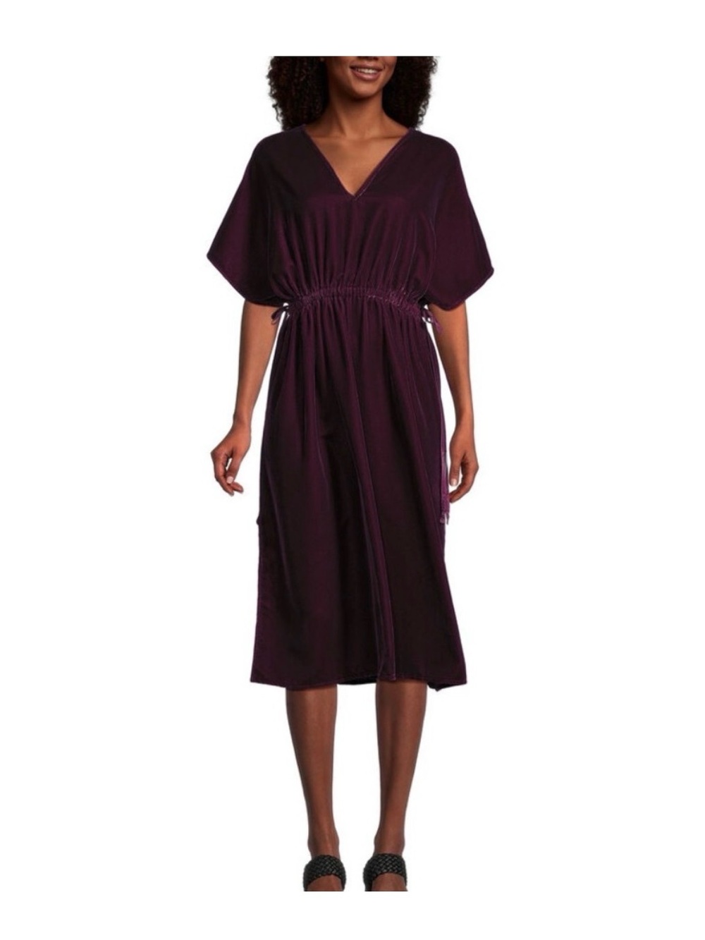 Women's V-Neck Drawstring Waist Midi Dress - Plum